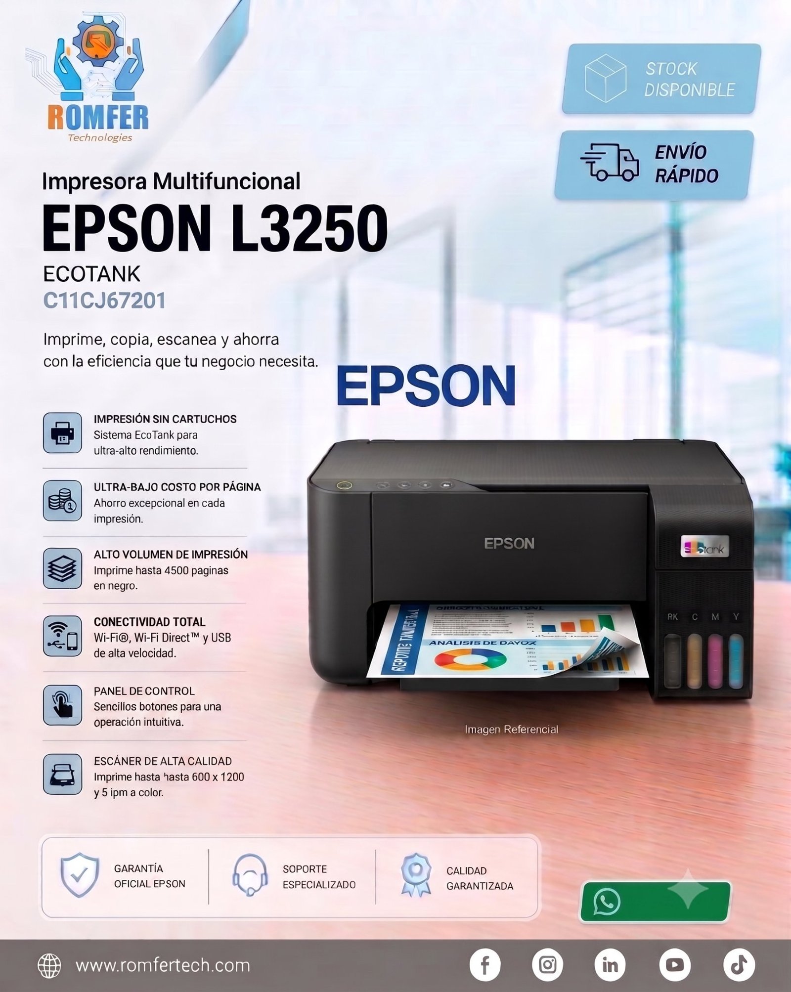 Multifuncional de tinta epson l3250, usb de alta velocidad (compatible con usb 2.0