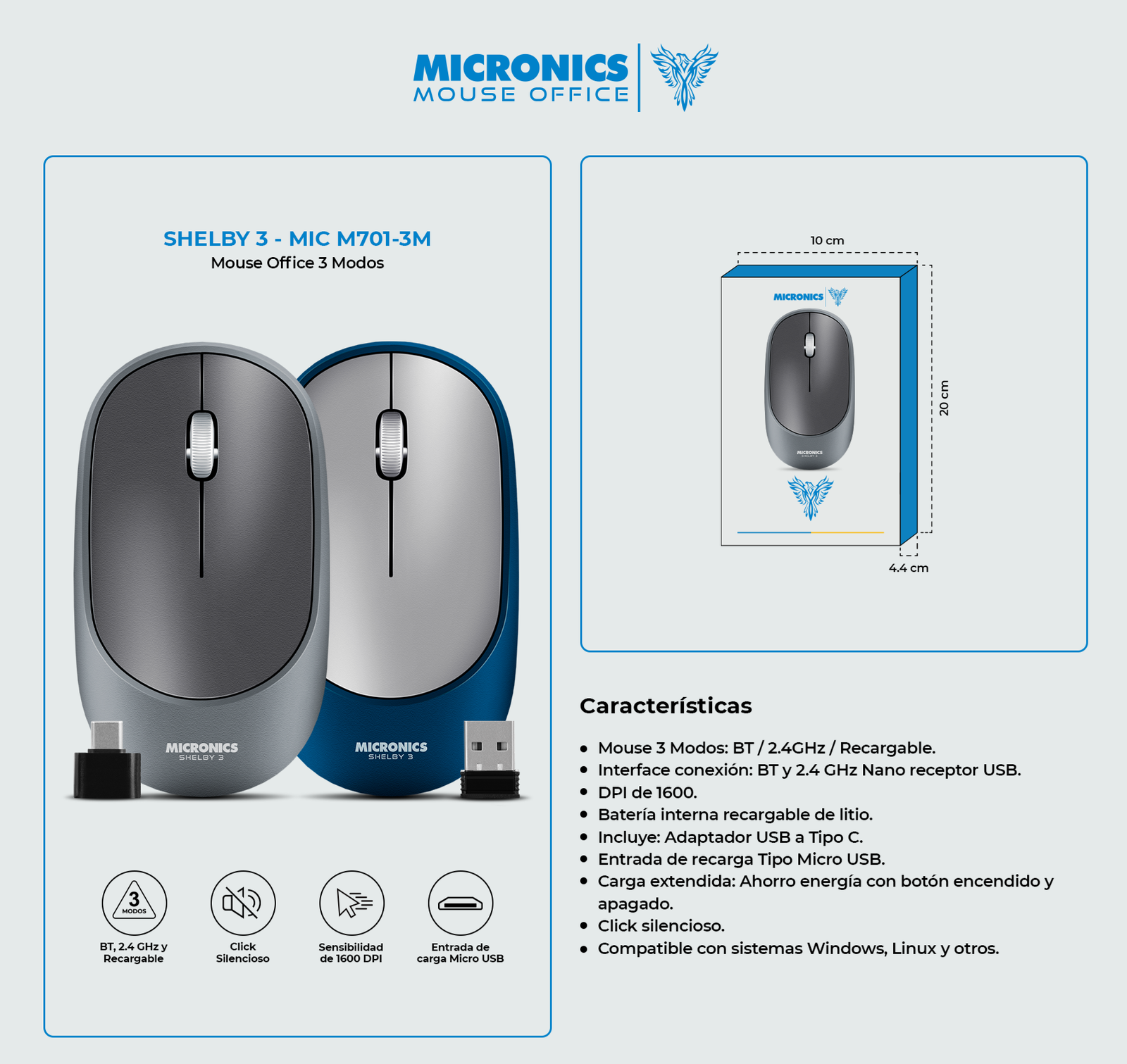 Mouse shelby mic m701-3m micronics gris azul